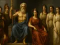 Zeus tronar med sitt blixtrande spjut, omgiven av sina barn. Bredvid honom sitter en kvinna i rött, kanske tvedräktens gudinna, medan andra unga kvinnor står bakom.