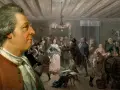 Carl Bellman i förgrunden, bakom honom ett myllrande sällskap på fest med musik och dans.
