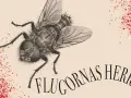 En närbild av en stor fluga med blodstänk och texten "Flugornas herre budskap".
