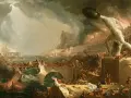 Kaos och förstörelse i en stad vid havet, med brinnande byggnader och stridande människor. En staty med sköld reser sig över scenen, som skildrar en dramatisk händelse från romarriket årtal.