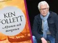 Ken Follett, författaren till "Aftonen och morgonen", sitter på en träbänk.