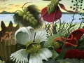 En drömsk scen med surrealism svenska. Konstverket visar fantasifulla blommor och växter vid en sjö under en gul och blå himmel.