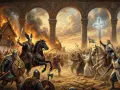 Strid mellan vikingar och kristna riddare under kristnandet av Sverige. Brinnande hus och en lysande korssymbol.