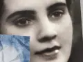 Närbild på Gunilla Boethius ansikte, en gammal svartvit bild med en bit blått tyg över vänstra delen.