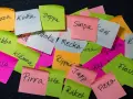 En hög med färgglada post-it-lappar med gamla svenska slangord som "Bäzza", "Kotta", "Doppa", "Simpa", "Tabbe", "Planka", "Mecka", "Kran", "Knasa", "Flasha", "Pirra", "Japp", "Raket" och "Flexa".
