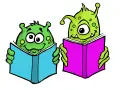Två gröna monster läser böcker. Det ena monster har en blå bok, det andra en lila. De verkar njuta av att läsa, trots att det är en brist i boken.