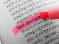 En rosa överstrykningspenna markerar ordet "language" i en ordbok. Ett av retorikens verktyg är att förstå språket.