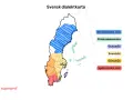 Svensk dialektkarta som visar var vad är dialekter: norrländska, finlandssvenska, gutamål, sveamål, götamål och sydsvenska mål.