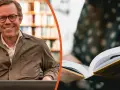 Glad man med glasögon ler vid en bokhylla. En person läser en bok, vilket visar dess betydelse.