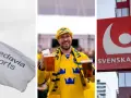 En flagga med Swedavia Airports, en supporter med öl i gulblå tröja, och en skylt för Svenska Spel. Kalla det vad fan du vill, det är Sverige!