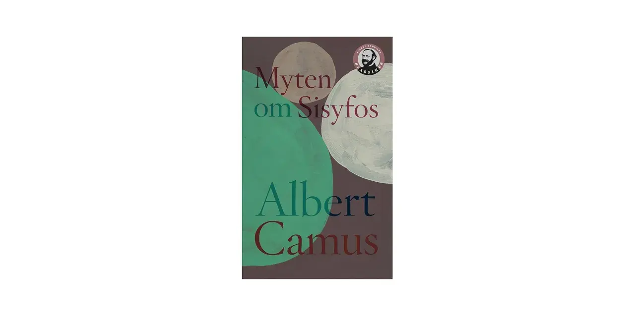 Bokomslag för "Myten om Sisyfos" av Albert Camus. Abstrakt konst med cirklar i grönt, vitt och beige mot en mörk bakgrund.