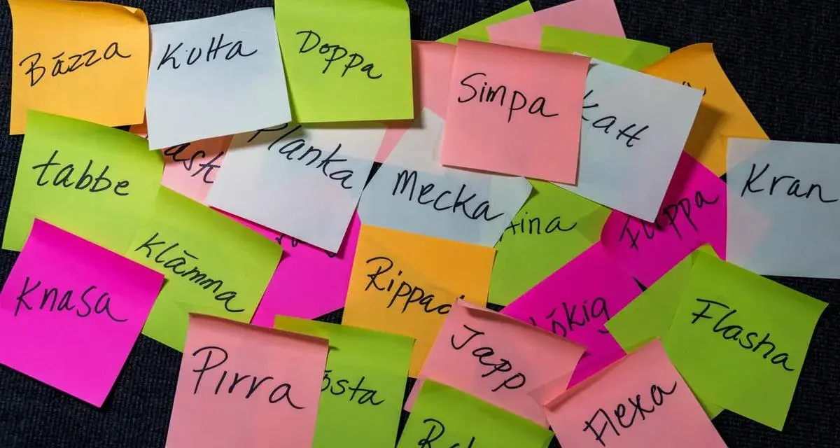 En hög med färgglada post-it-lappar med ord som "Bazza", "Kuta", "Doppa", "Simpa", "Planka", "Mecka", "Kran", "Knasa", "Klamma", "Rippac", "Japp", "Pirra", "Raket", "Flasha", "Flexa". Kanske en ordlek eller en lista över synonymer för uppehåll?