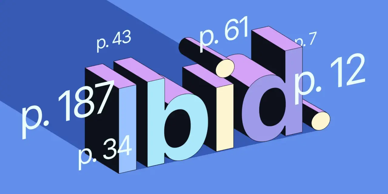 3D-bokstäverna "ibid" med sidnummer som p. 187, p. 43, p. 61, p. 7, p. 34 och p. 12.