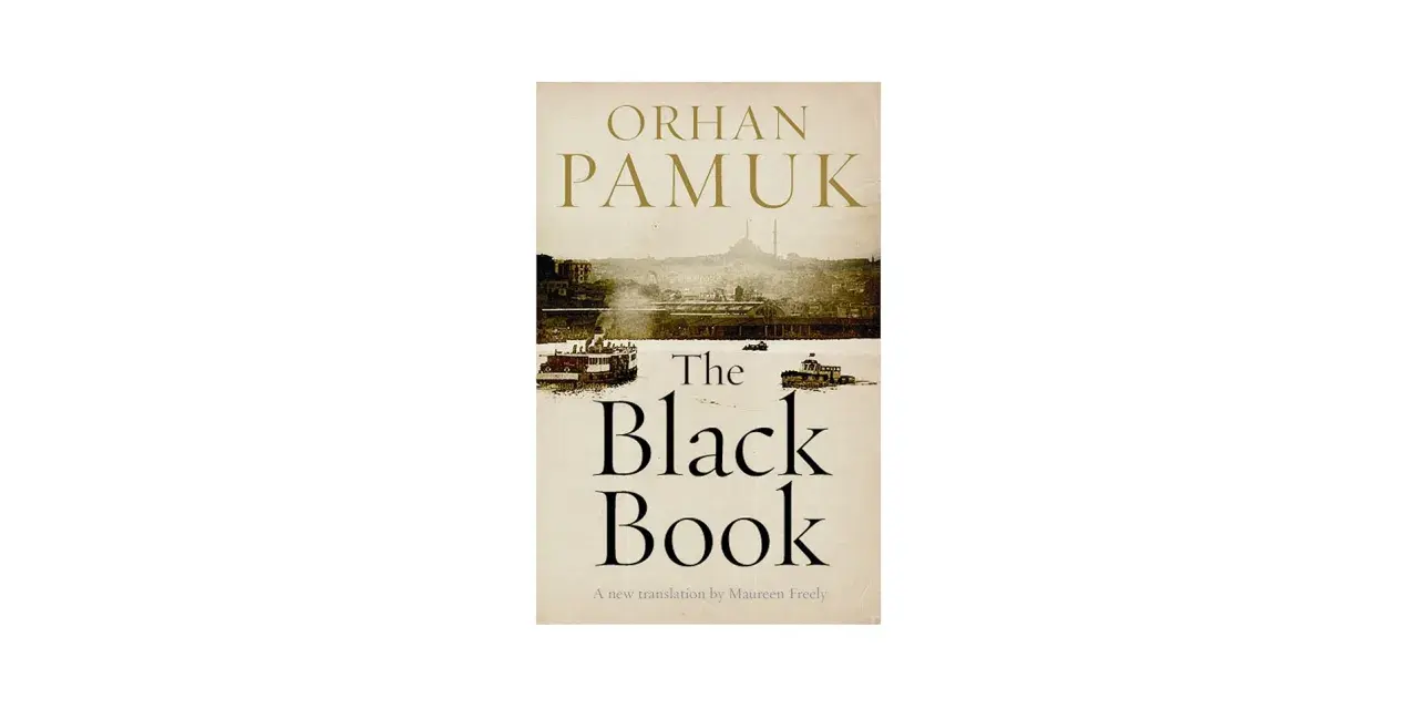 Omslaget till Orhan Pamuks roman "The Black Book", med en sepiafärgad bild av fartyg på en flod och en stad i bakgrunden.