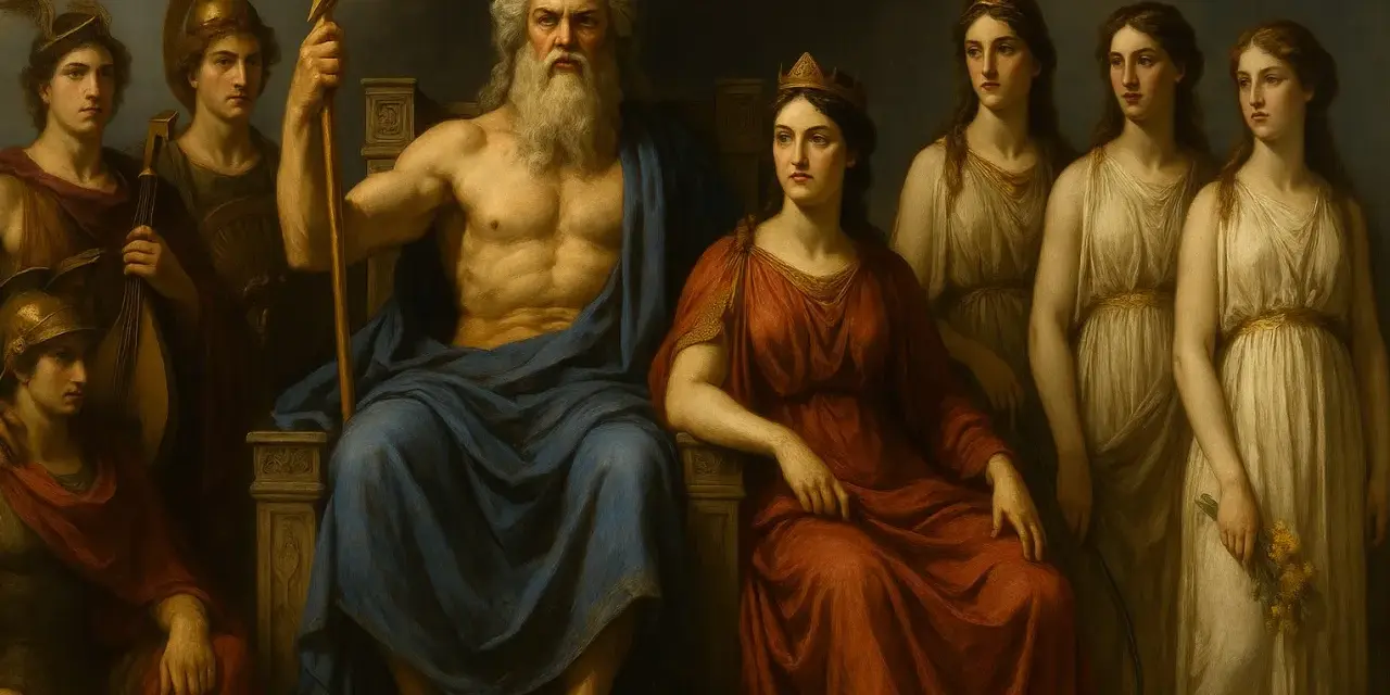 Zeus tronar med sitt blixtrande spjut, omgiven av sina barn. Bredvid honom sitter en kvinna i rött, kanske tvedräktens gudinna, medan andra unga kvinnor står bakom.