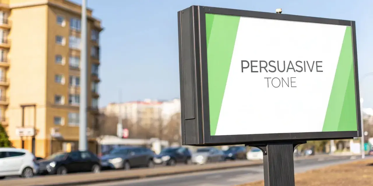 Billboard with "PERSUASIVE TONE" text on a white background with green accents.