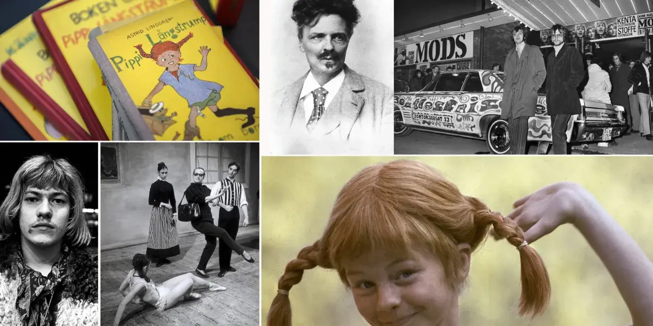 Pippi Långstrump-böcker, en man med mustasch, en bil med Beatles-tema, en balettscen och en närbild på Pippi Långstrump. En epistel-synonym kan vara en kort berättelse.