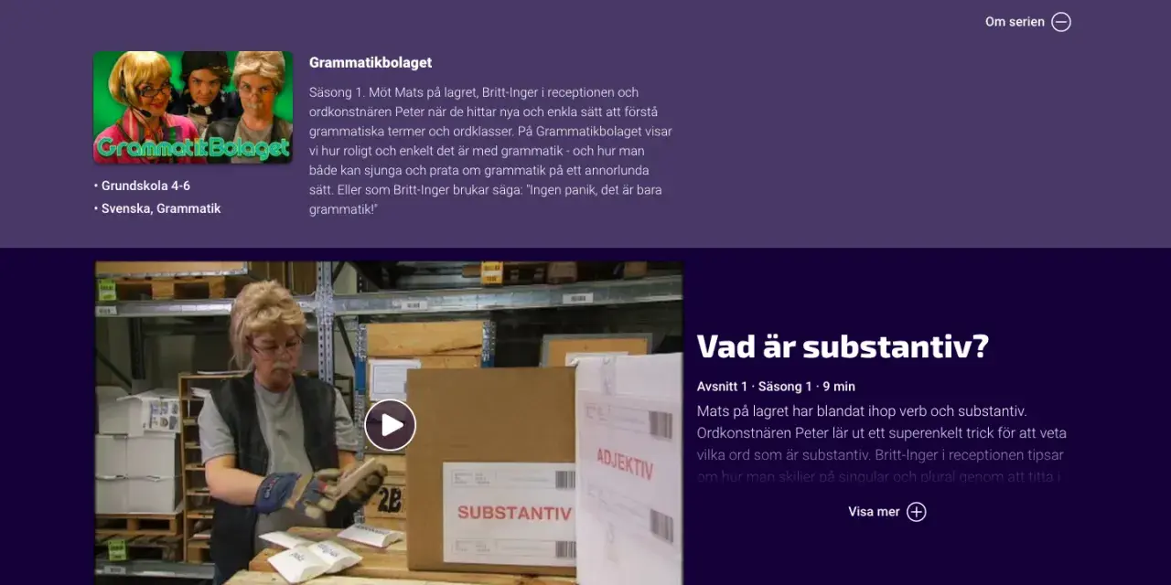 Britt-Inger och Peter lär ut grammatik. Lär dig om ordklasser och hur man skiljer på singular och plural. Ett roligt sätt att förstå ord.