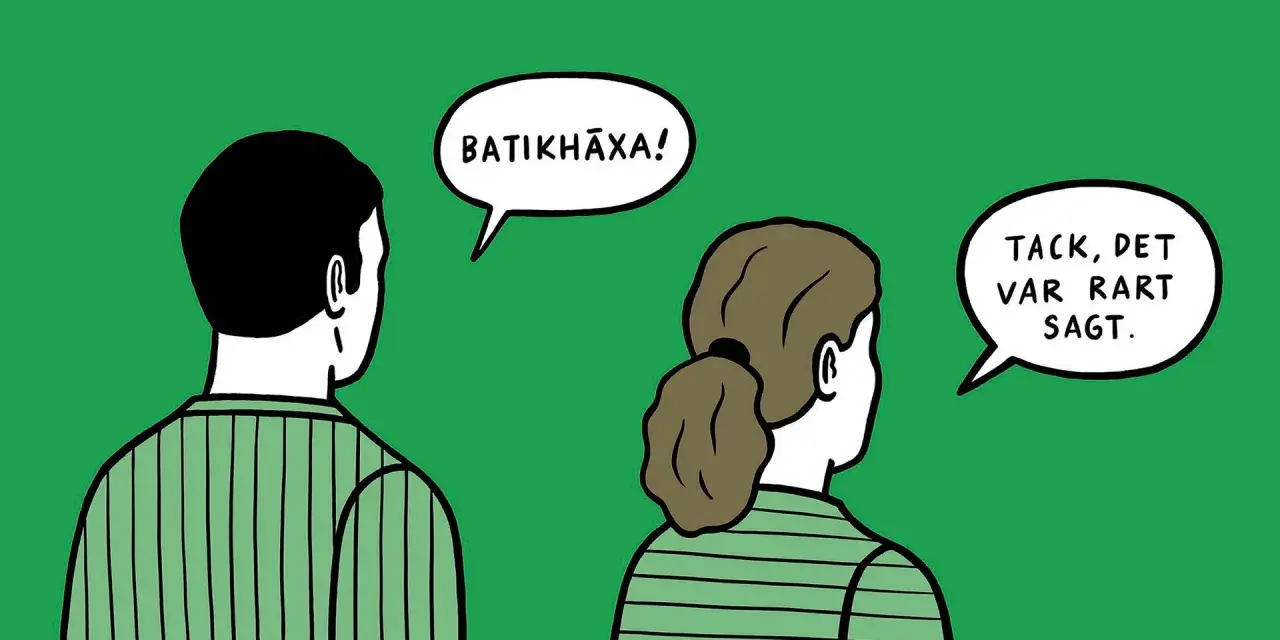 En kvinna säger "Tack, det var rart sagt" till en man som säger "Batikhäxa!". I språket ligger makten, och orden formar verkligheten.