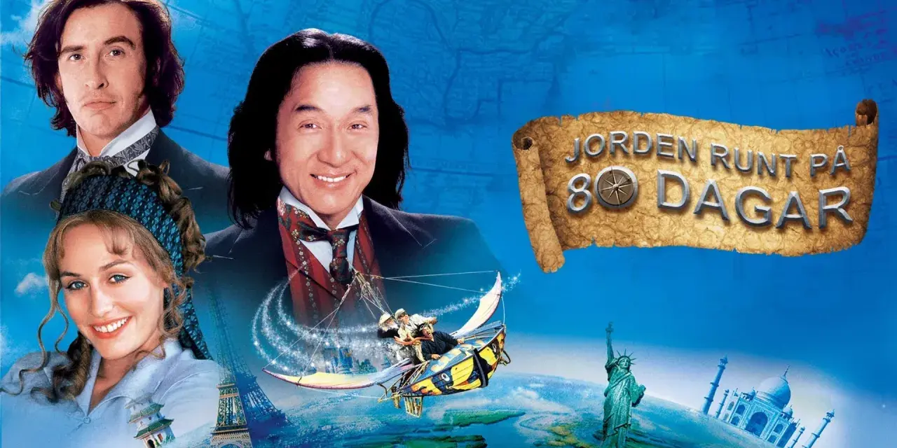 Jackie Chan och Steve Coogan i en äventyrlig resa runt jorden på 80 dagar, med ikoniska landmärken som Eiffeltornet och Taj Mahal.
