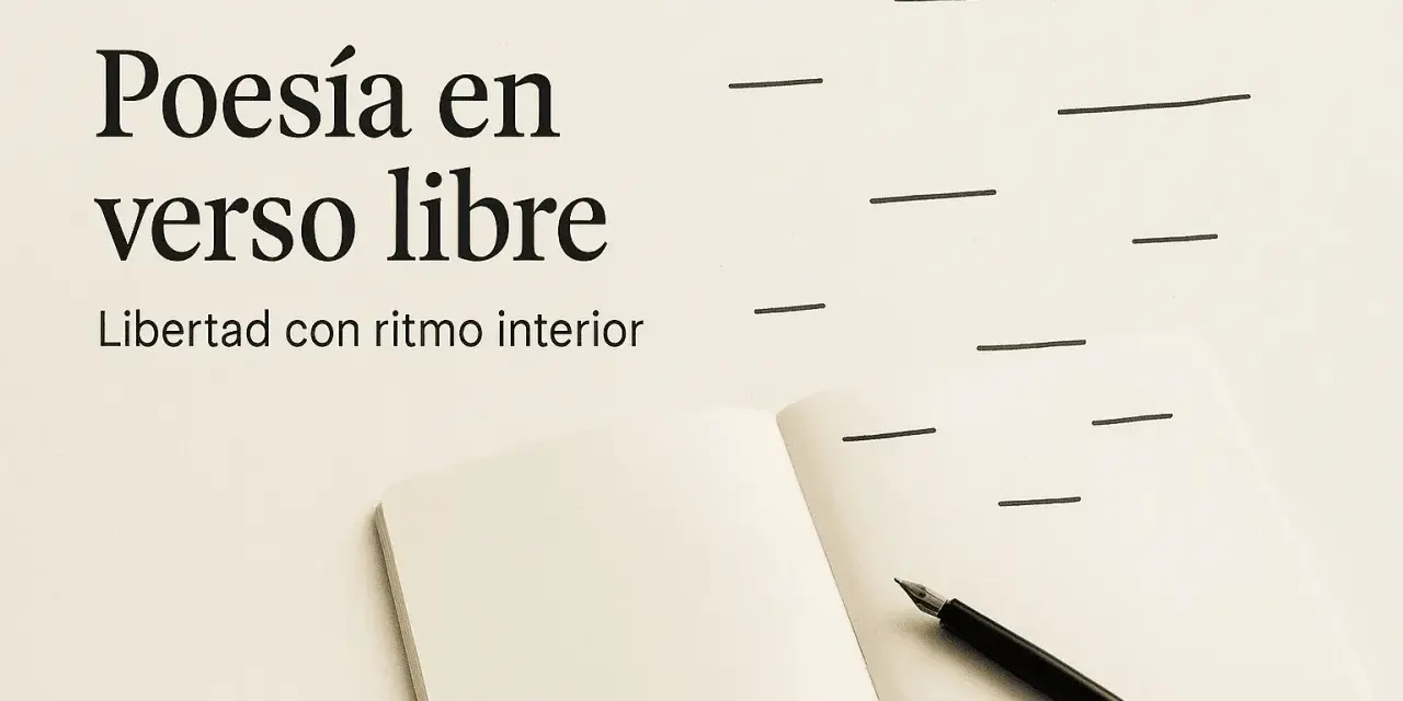 En öppen anteckningsbok med en fjäderpenna, redo att skriva dikter som rimmar. Texten "Poesía en verso libre" antyder frihet i skrivandet.