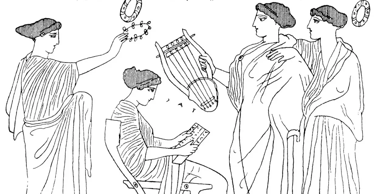 Kvinnor samlas kring en lyra och en skrivtavla, en scen som påminner om Sapfo fragment 31. En kvinna spelar lyra, en annan skriver, medan en tredje håller upp en krans.