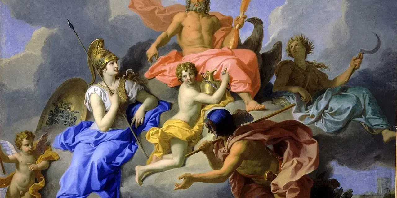 Gudarnas samling på moln, där vem är Zeus, himlens kung, sitter majestätiskt med sin örn och blixt.
