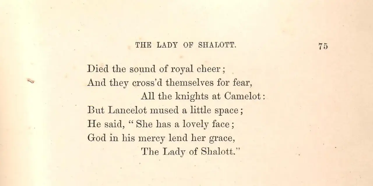 Text från en bok med en bunden form dikt om "The Lady of Shalott".