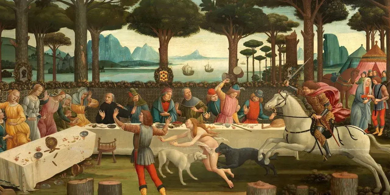 En riddare på vit häst rider mot ett sällskap vid ett långbord, en scen som påminner om berättelser av Giovanni Boccaccio.