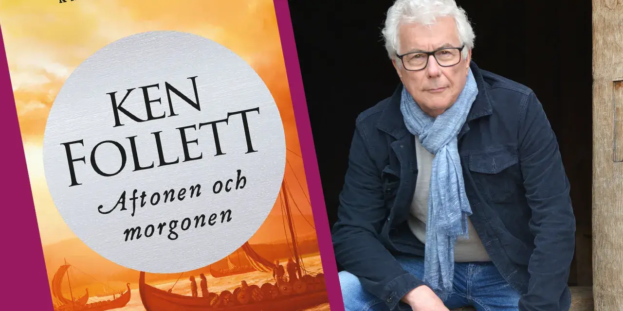Ken Follett, författaren till "Aftonen och morgonen", sitter på en träbänk.