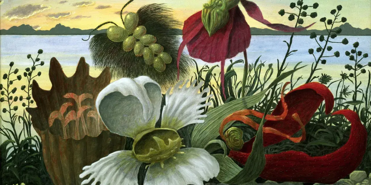En drömsk scen med surrealism svenska. Konstverket visar fantasifulla blommor och växter vid en sjö under en gul och blå himmel.