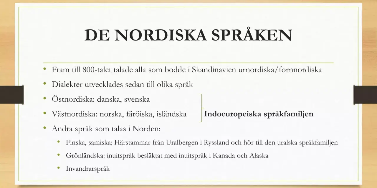Bilden visar en presentation om de nordiska språken, som tillhör den indoeuropeiska språkfamiljen. Den beskriver hur urnordiska utvecklades till dagens skandinaviska språk.