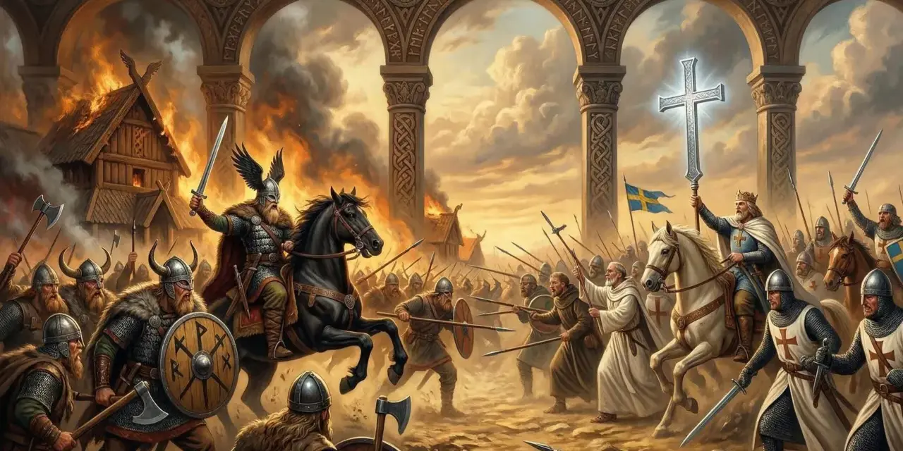 Strid mellan vikingar och kristna riddare under kristnandet av Sverige. Brinnande hus och en lysande korssymbol.