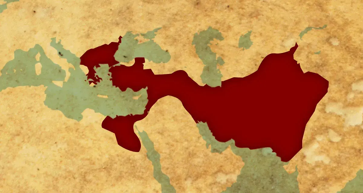 Karta som visar Alexander den stores imperium i rött, sträckande sig från Grekland till Indien.
