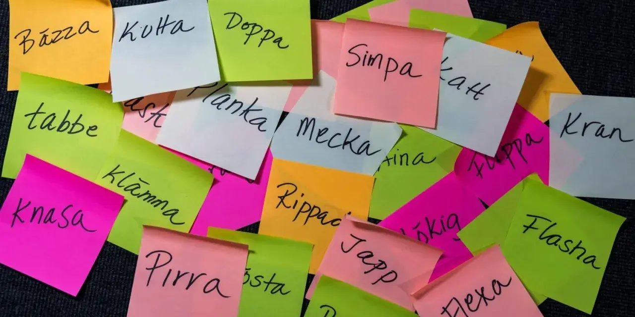 En hög med färgglada post-it-lappar med gamla svenska slangord som "Bäzza", "Kotta", "Doppa", "Simpa", "Tabbe", "Planka", "Mecka", "Kran", "Knasa", "Flasha", "Pirra", "Japp", "Raket" och "Flexa".