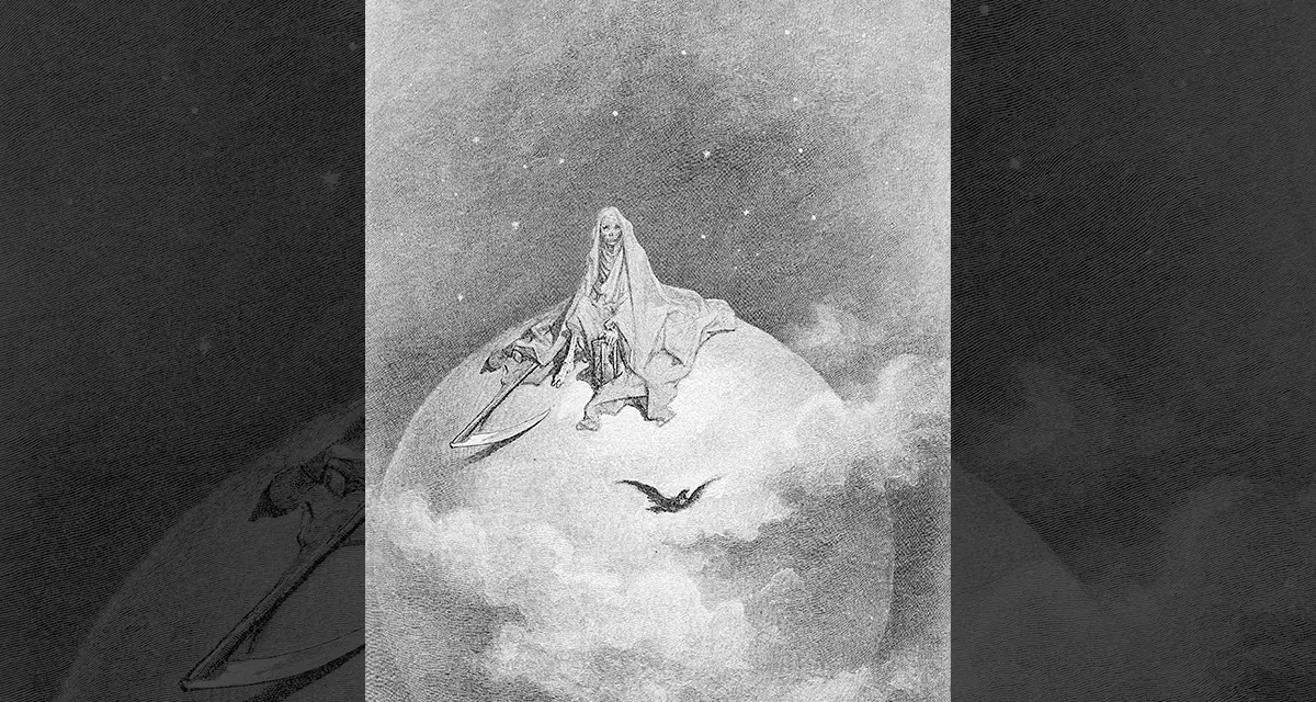 En dödsgestalt med lie sitter på en jordliknande sfär bland moln och stjärnor, en korp flyger förbi. Inspirerad av Edgar Allan Poe.