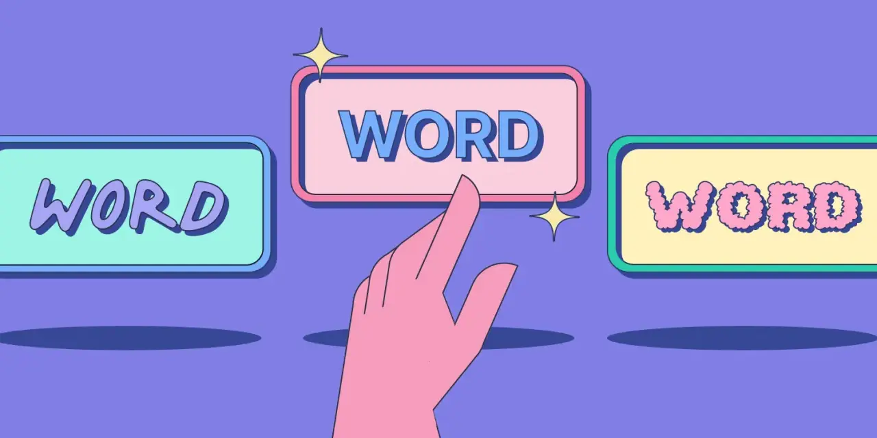 En hand pekar på en av tre rutor med ordet "WORD" i olika stilar. Ett visuellt sätt att välja rätt ord eller påpekar synonym.