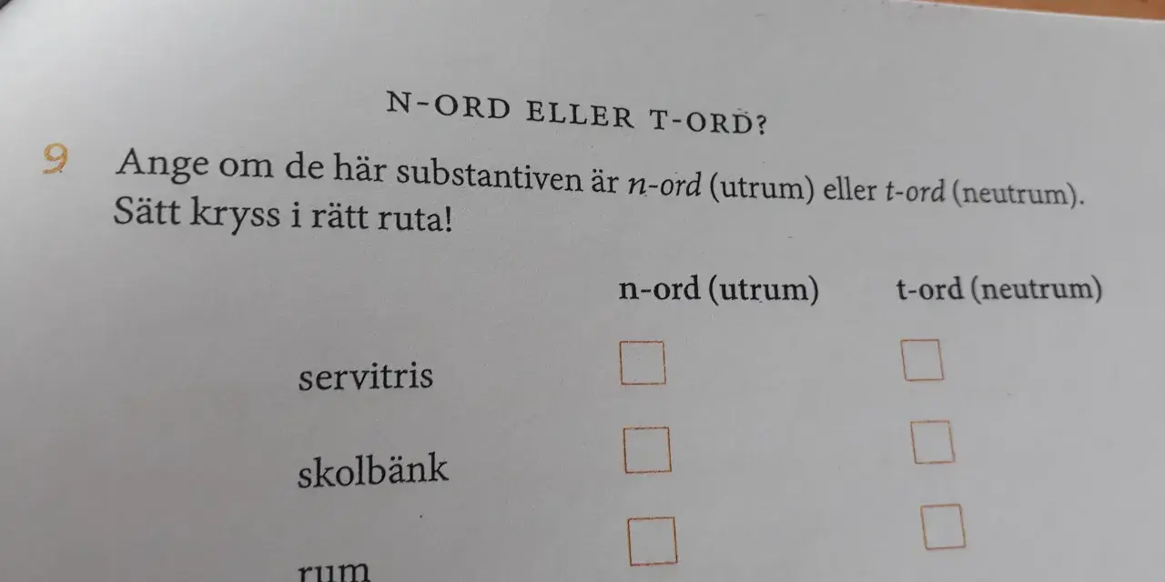 En skoluppgift där elever ska avgöra om substantiv som "servitris", "skolbänk", "rum" och "pappa" är n-ord eller t-ord. En övning i grammatik, inte en diktsamling synonym.