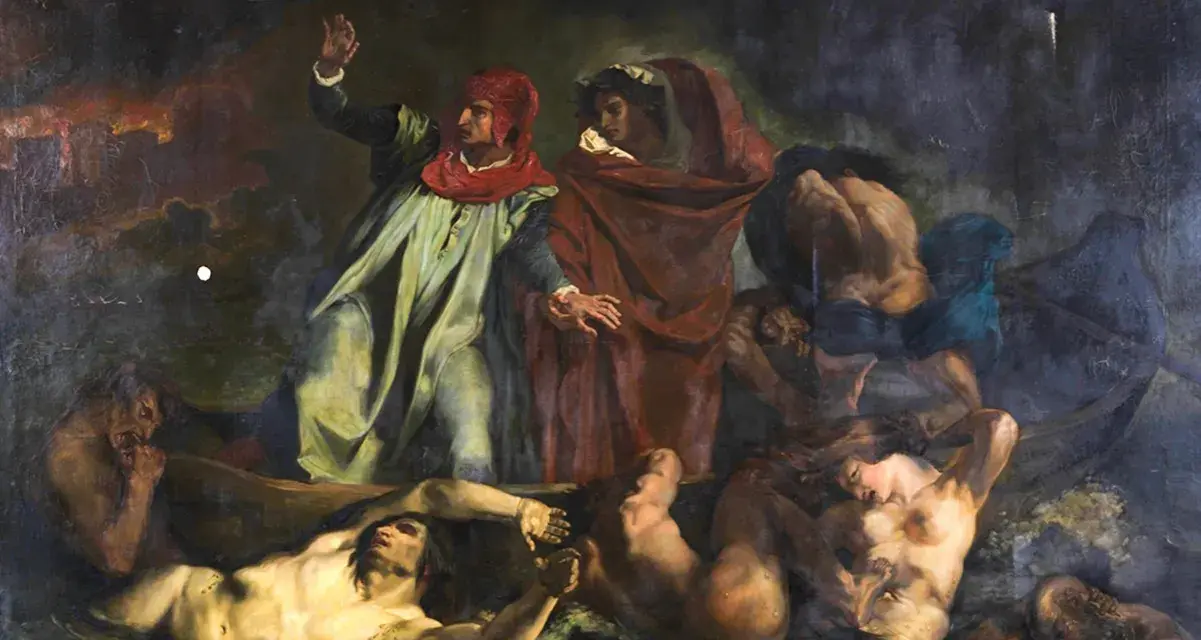 Dante och Vergilius i Charons båt, en scen från Den gudomliga komedin, skriven av Dante Alighieri.