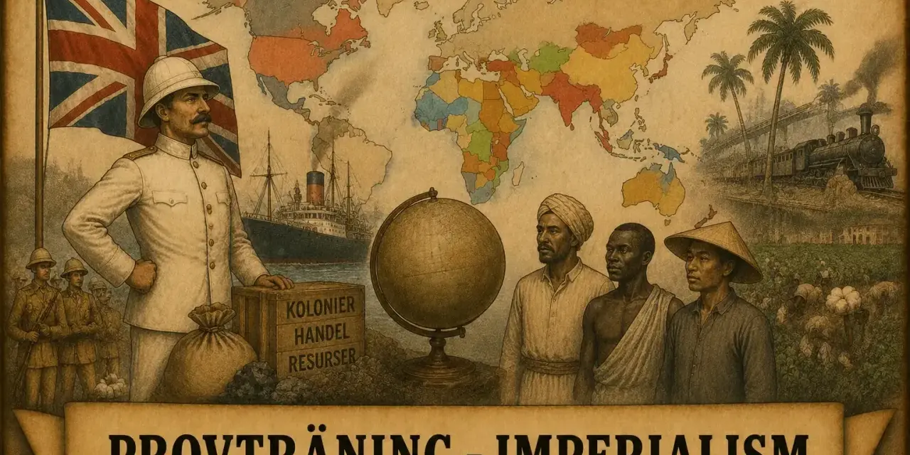 En brittisk officer står vid en världskarta som visar koloniala gränser. Bilden illustrerar imperialism och kolonialism med skepp, tåg och människor från olika kontinenter.