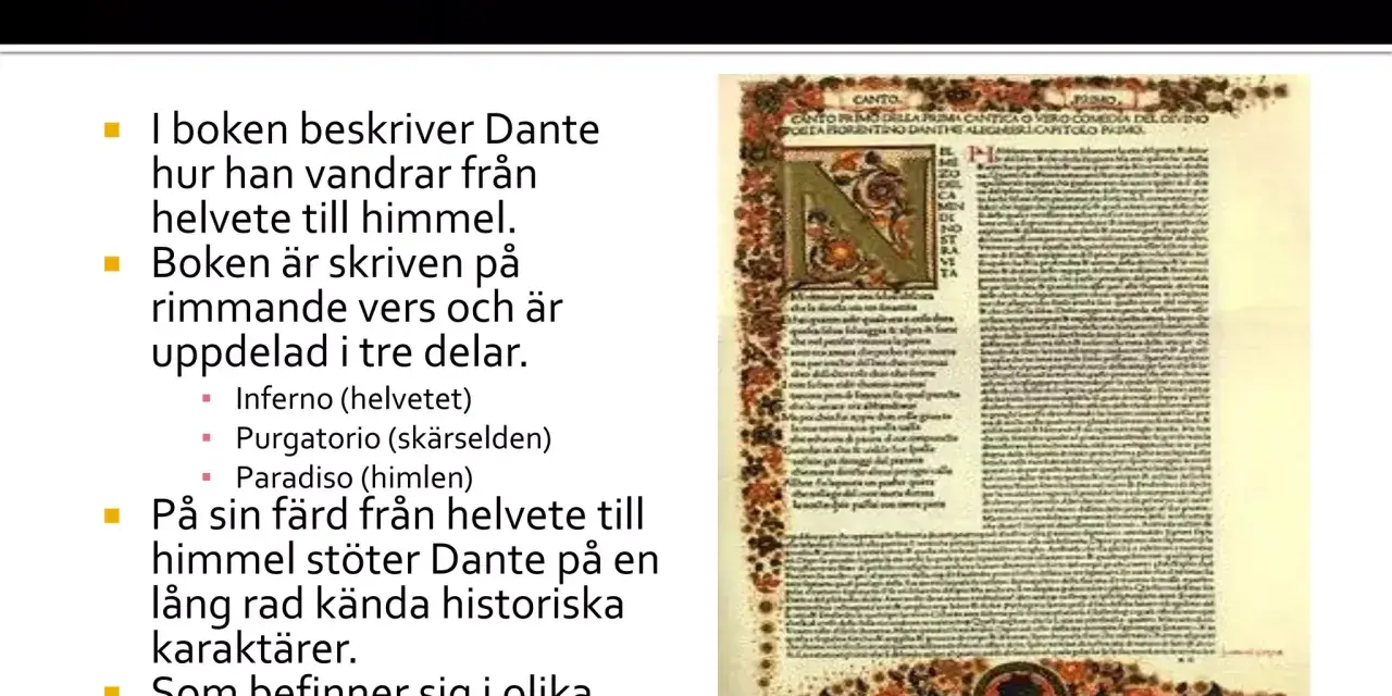 Första sidan i en tidig utgåva av Dante Alighieris Den gudomliga komedin, med en stor initial.