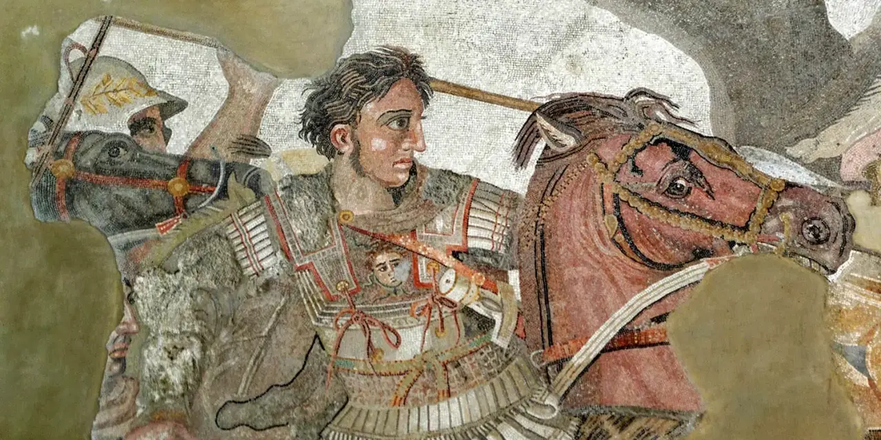 Mosaik som skildrar Alexander den stores rike, med honom på hästryggen i strid.