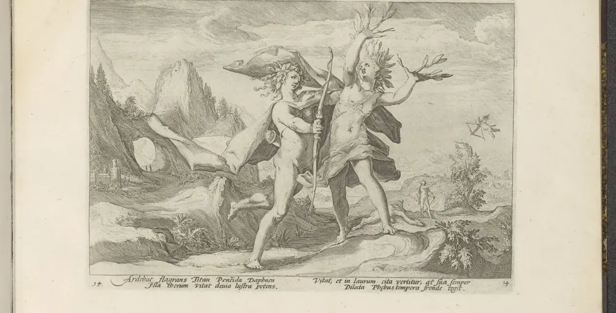 Apollon jagar Dafne som förvandlas till ett lagerbladsträd. En scen inspirerad av Ovidius.