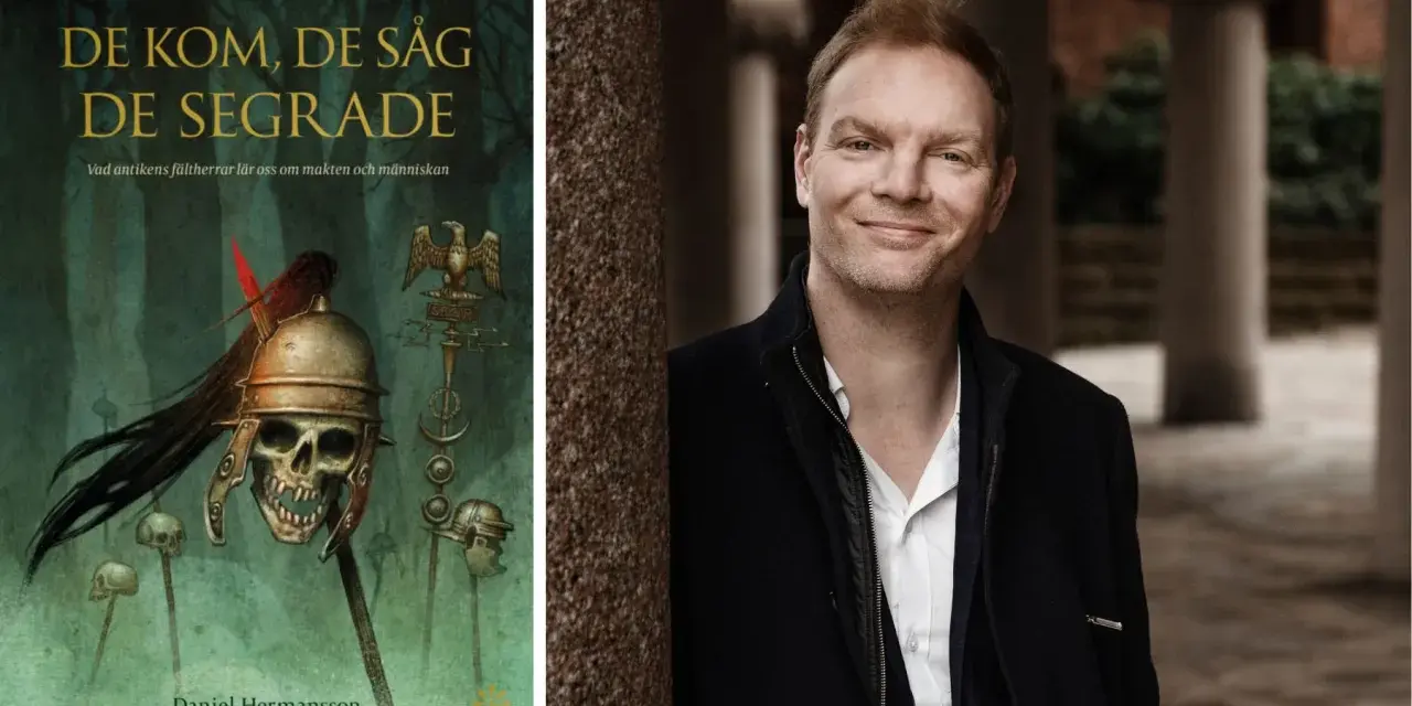Daniel Hermansson, författare till "De kom, de såg, de segrade", med en bokomslag som visar en romersk hjälm på ett dödskalle.