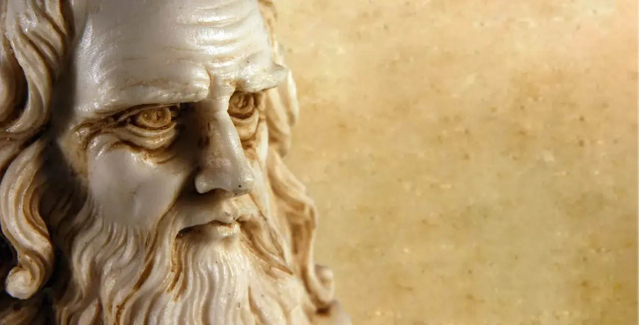 Byst av en vis man med skägg, kanske en representation av vad Leonardo da Vinci gjorde: utforskade mänsklighetens visdom.