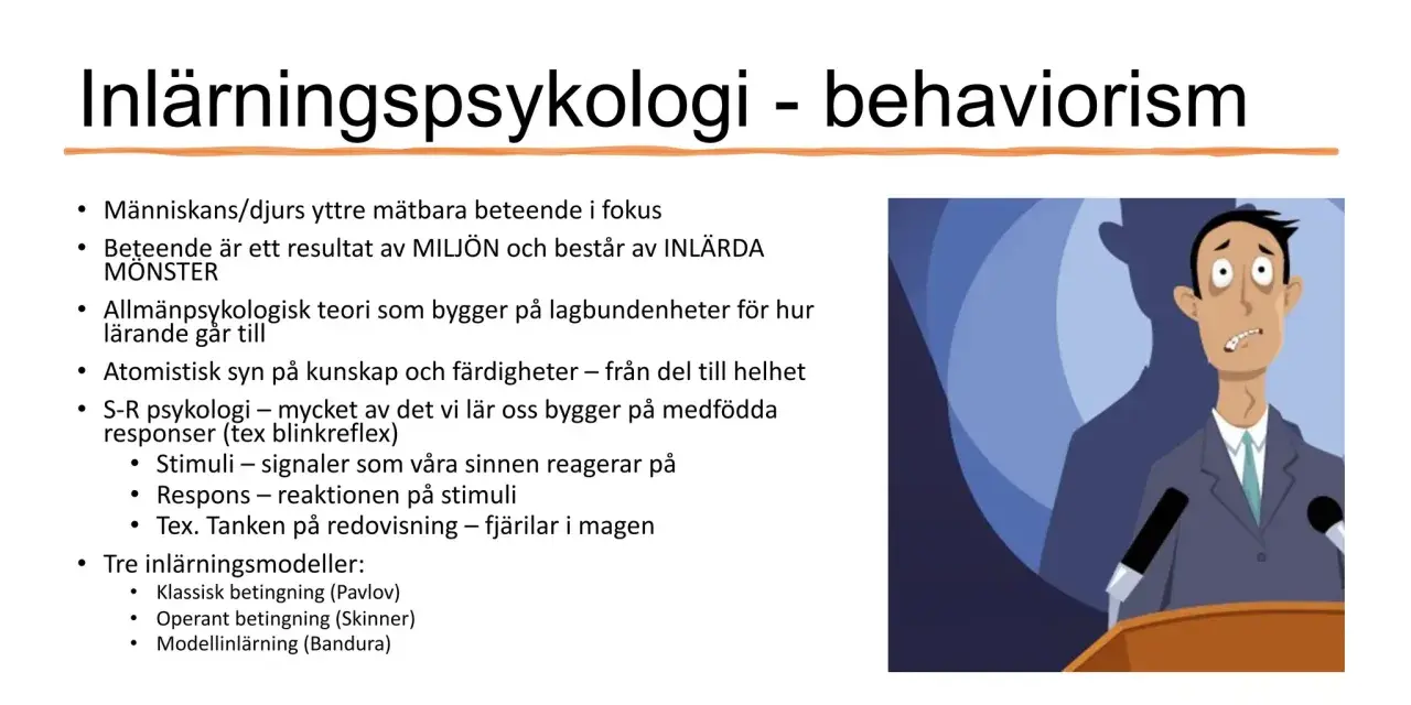 En man med orolig min står vid ett podium. Bilden illustrerar inlärningspsykologi och behaviorism, där beteende ses som ett resultat av miljön.