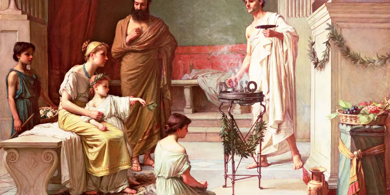 En familj deltar i en religiös ceremoni, en scen som speglar den rika grekland kulturen.