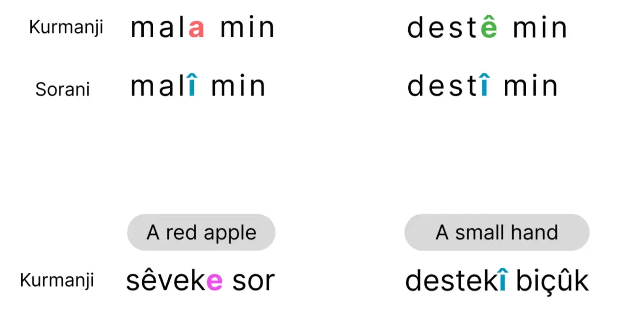 Jämförelse av kurdiska språk: "mitt hus", "min hand", "ett rött äpple" och "en liten hand" på Kurmanji och Sorani.
