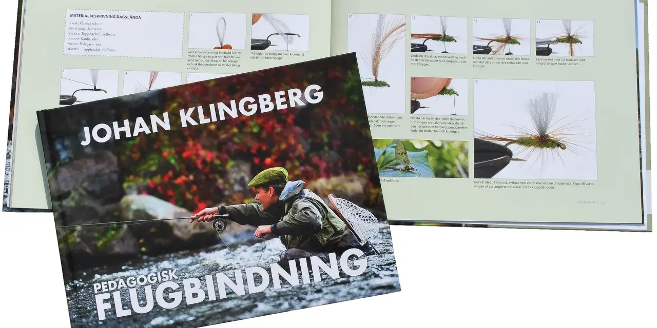 En bok om flugbindning visar steg-för-steg-instruktioner för att binda en dagslända. Boken har titeln "Pedagogisk Flugbindning" av Johan Klingberg.