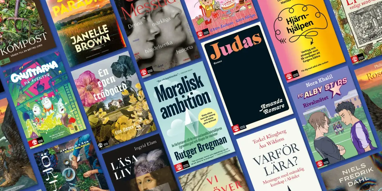 En färgsprakande collage av bokomslag, med titlar som "Judas", "Moralisk ambition" och "Varför lära?". Ett perfekt boktips klassiker för alla bokälskare.